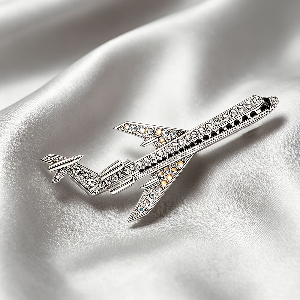TEMU Elegant Airplane Brooch, Featuring Airliner Design With A Delicate And Dynamic Outline. With Sparkling Rhinestones And Black Enamel, It Offers