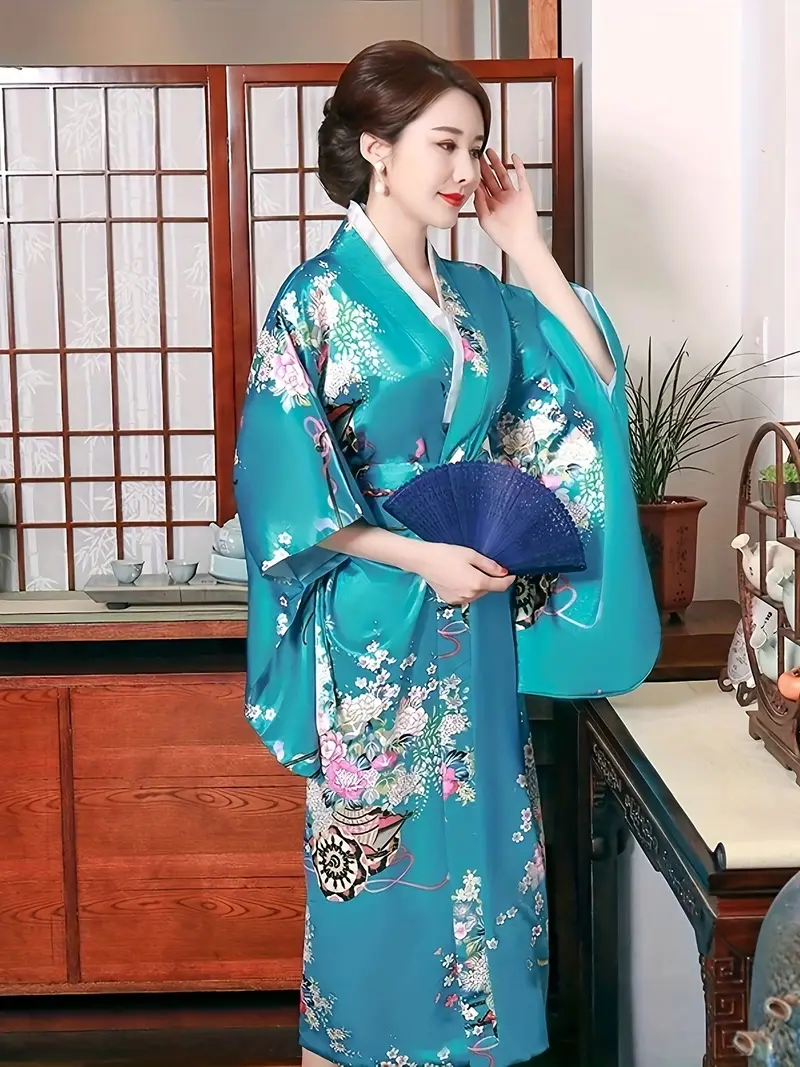 blue japanese dress Robe kimono japonaise bleue vintage, Cosplay Yukata Style Geisha avec ceinture Obi