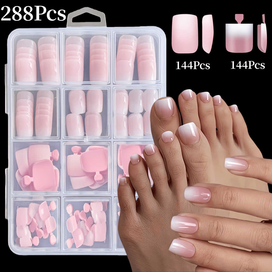 TEMU 288pcs Short Square Press On Nails Suitable For Women - Pink/white Ombre Fake Nails With 12 Sizes Short Lengths, Glossy & Blending Gradient,