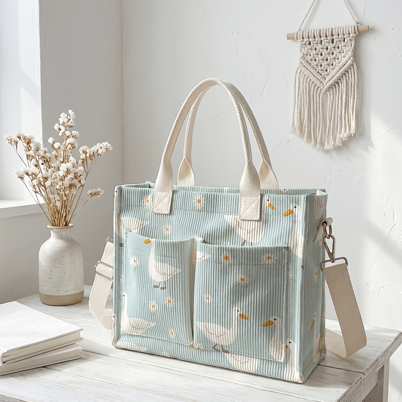 TEMU 1pc, Sac tendance avec motif de fleur de oie blanche imprimé en 2D, en velours côtelé et adapté au port à ou à l'épaule. Pratique et polyvalent