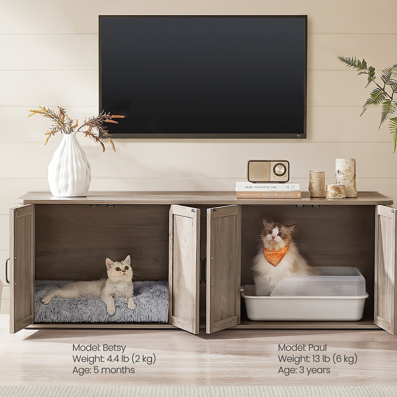 TEMU Double cache-litière pour chat, entrée , meuble moderne cache-litière pour 2 chats, maison pour chat, table d'appoint latérale, meuble TV, 59 x