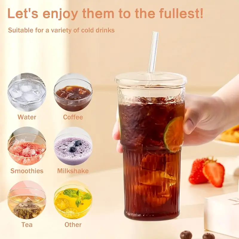 2pcs 22oz 650ml with lid straw and straw brush ribbed glass cup reusable wide mouth smoothie cup glass ice coffee cup tea cup juice cup a great holiday gift christmas anniversary housewarming party gifts for Product details 3