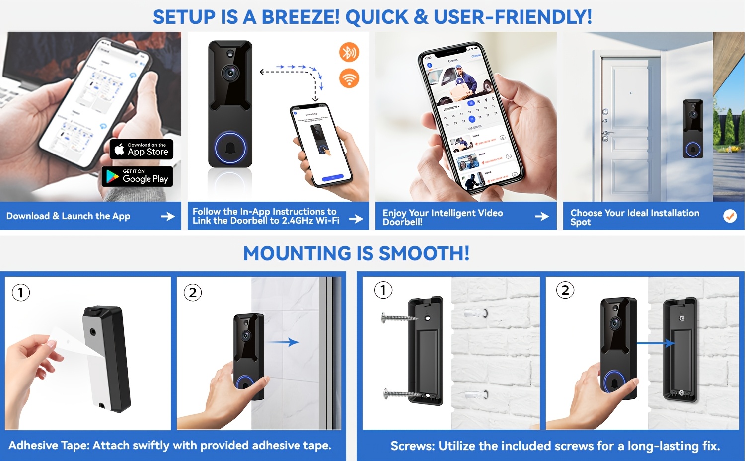 2pcs/1pc Smart Wireless Doorbell Camera System with Puvue App Compatible for /, Indoor/Outdoor Security Camera, Two-Way Audio, Real-Time Video, USB- Battery Doorbell Camera Suitable for Home Security System