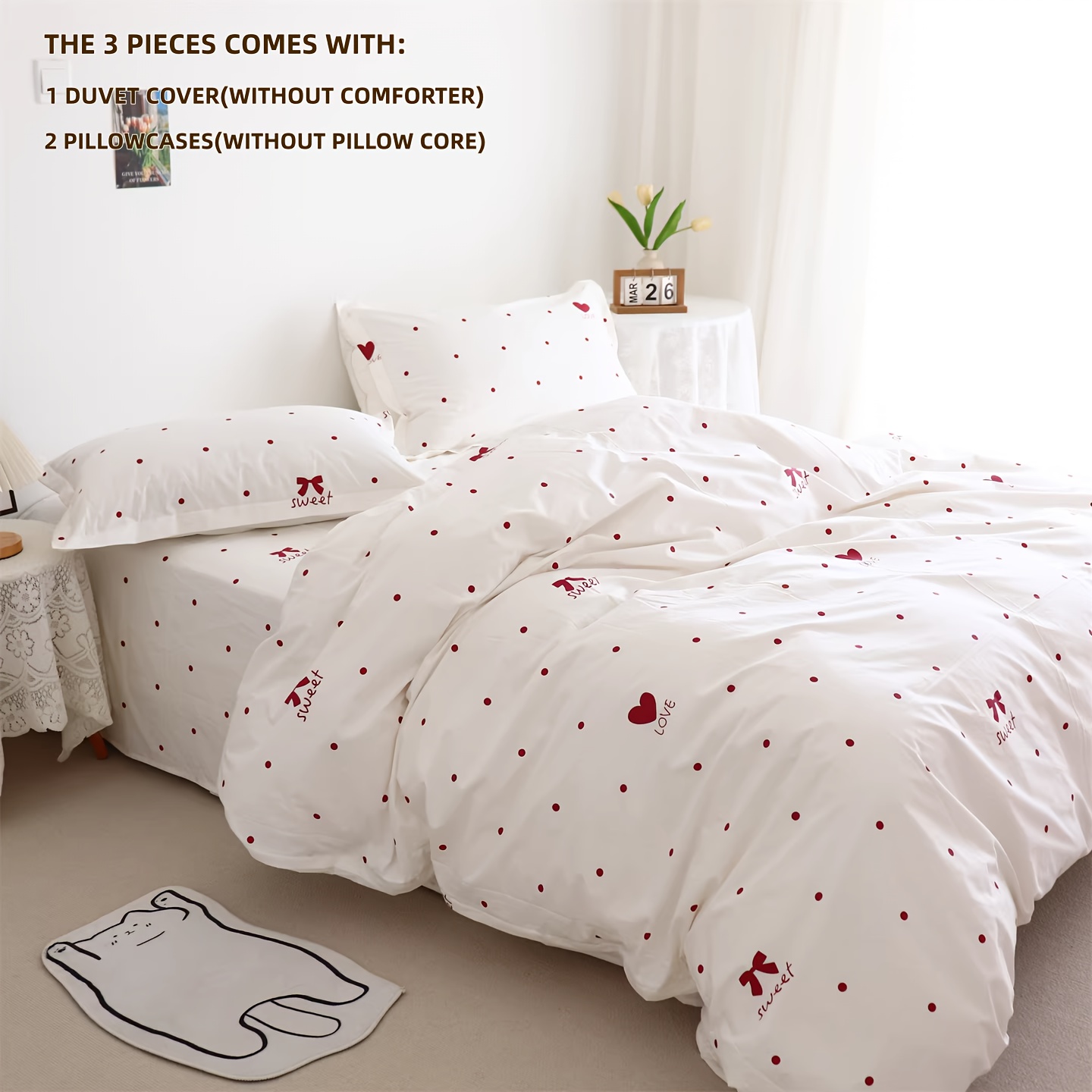 Image of 3pcs Sweet Heart Bow Print Bedding, Includes 1 Duvet Cover And 2 Pillowcases (comforter And Pillow Inserts Not Included). Ultra Soft, , And Breathable. (white, Queen Size)