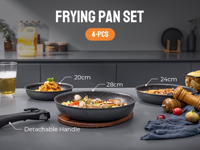 Poêle à frire antiadhésive avec poignée amovible, poêle à frire antiadhésive pour plaques à induction, poêle à frire 4 pièces pour toutes les plaques de cuisson