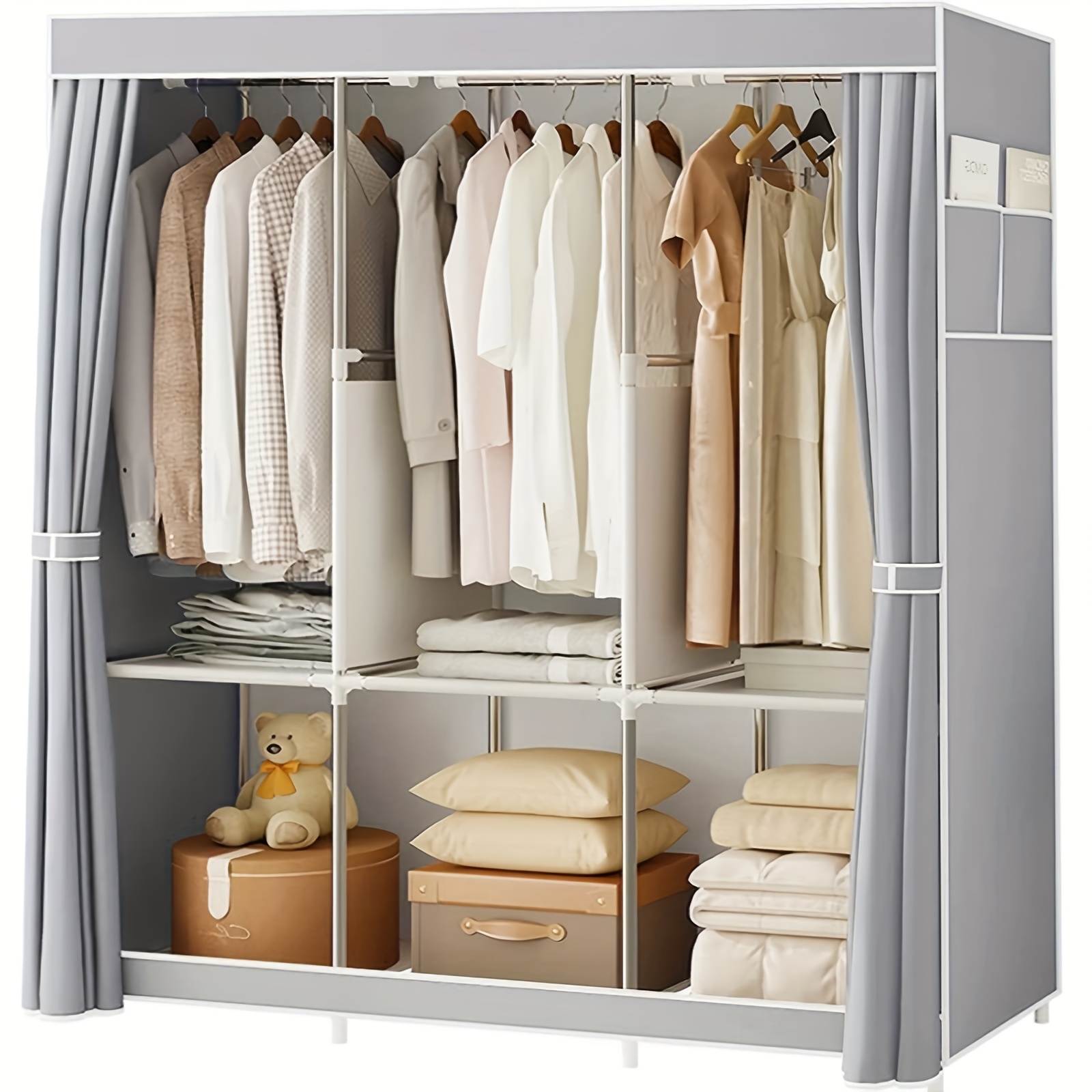 E-shop Tragbarer Kleiderschrank mit 3 Hängebügeln, 6 Ablagefächern und Seitentaschen (zur Kleideraufbewahrung & Organisation), Garderobenregal mit