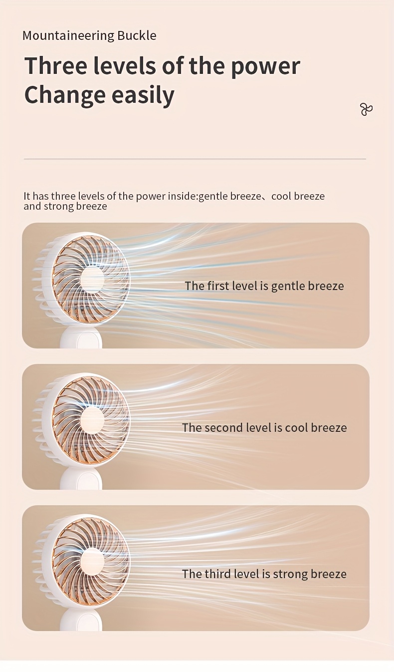 Мини портативный вентилятор, ручной вентилятор, персональный мини-вентилятор, USB-заряжаемый, работает от аккумулятора, подходит для офиса, спальни, отдыха на природе и кемпинга, с крючком, петлей и тремя настройками скорости. Подробности 4.
