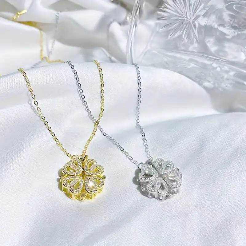 convertible 4 heart flower necklace for women two way wear interlocking pendant with sparkling crystals stainless steel for daily party wear heart necklace versatile accessory intricate setting fashion statement stylish accessory womens fashion Product details 1