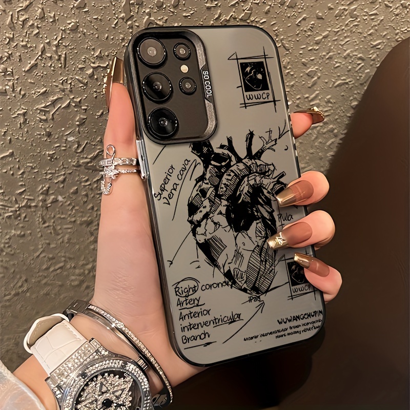 TEMU Phone Case - Aesthetic Sketch Heart Pattern Phone Case For Galaxy
