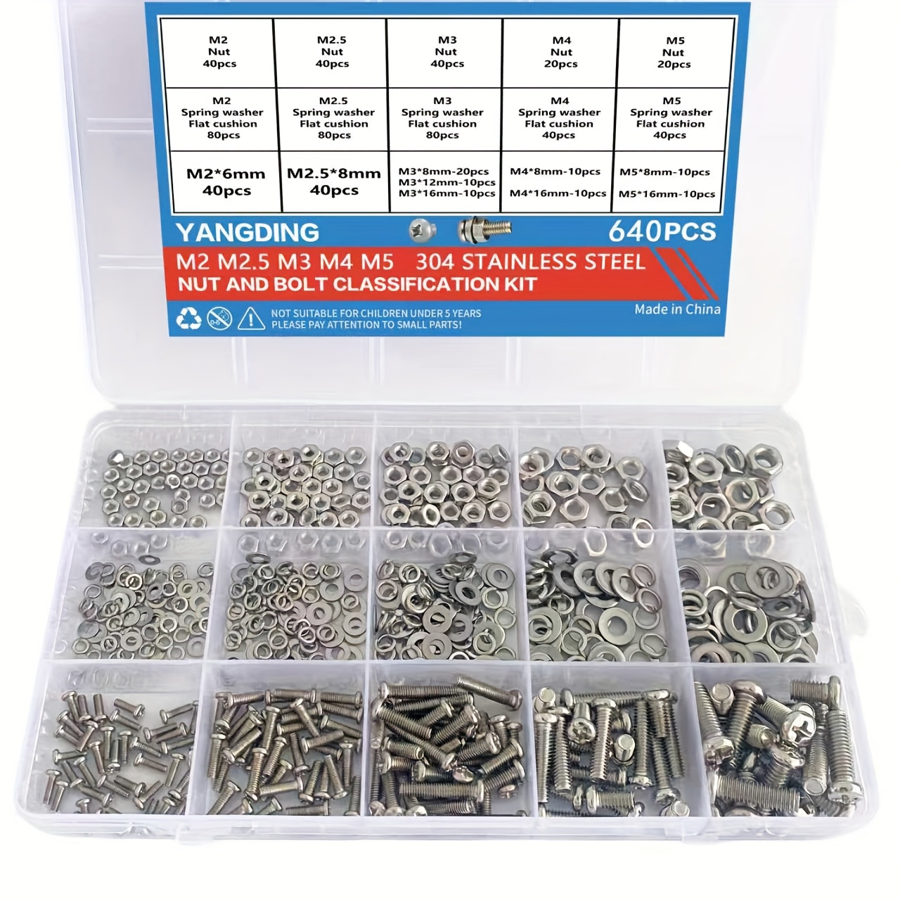 TEMU 640pcs Stainless Steel Ss304 Hex Nut And Washer Kit, Round Head Cross Screw, Durable M2 M2.5 M3 M4 M5 Metric Size, Suitable For And Maintenance