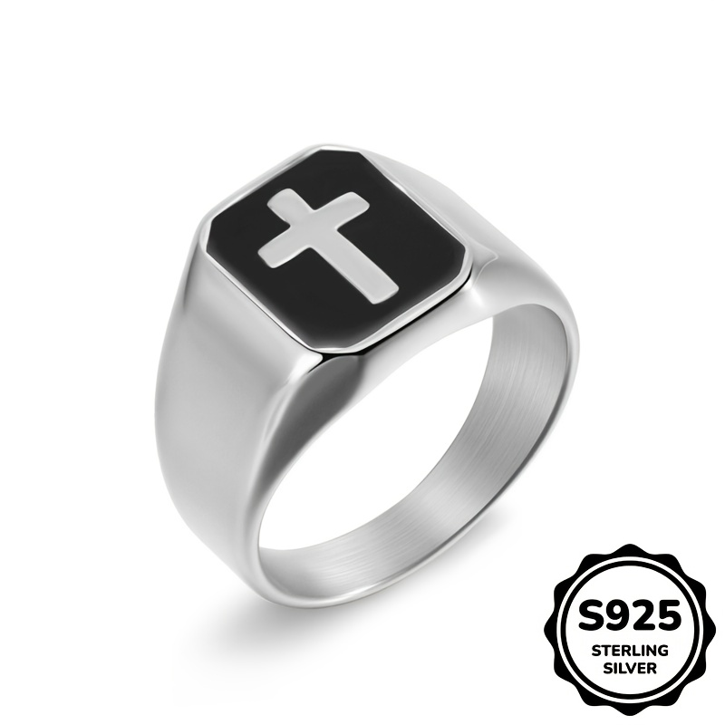 Image of 1pc S925 925 Silver Light Luxury Easy Square Black Face Cross And Women Ring Gift Us Size 7-13 Optional High Quality Jewelry Casual Party Wear