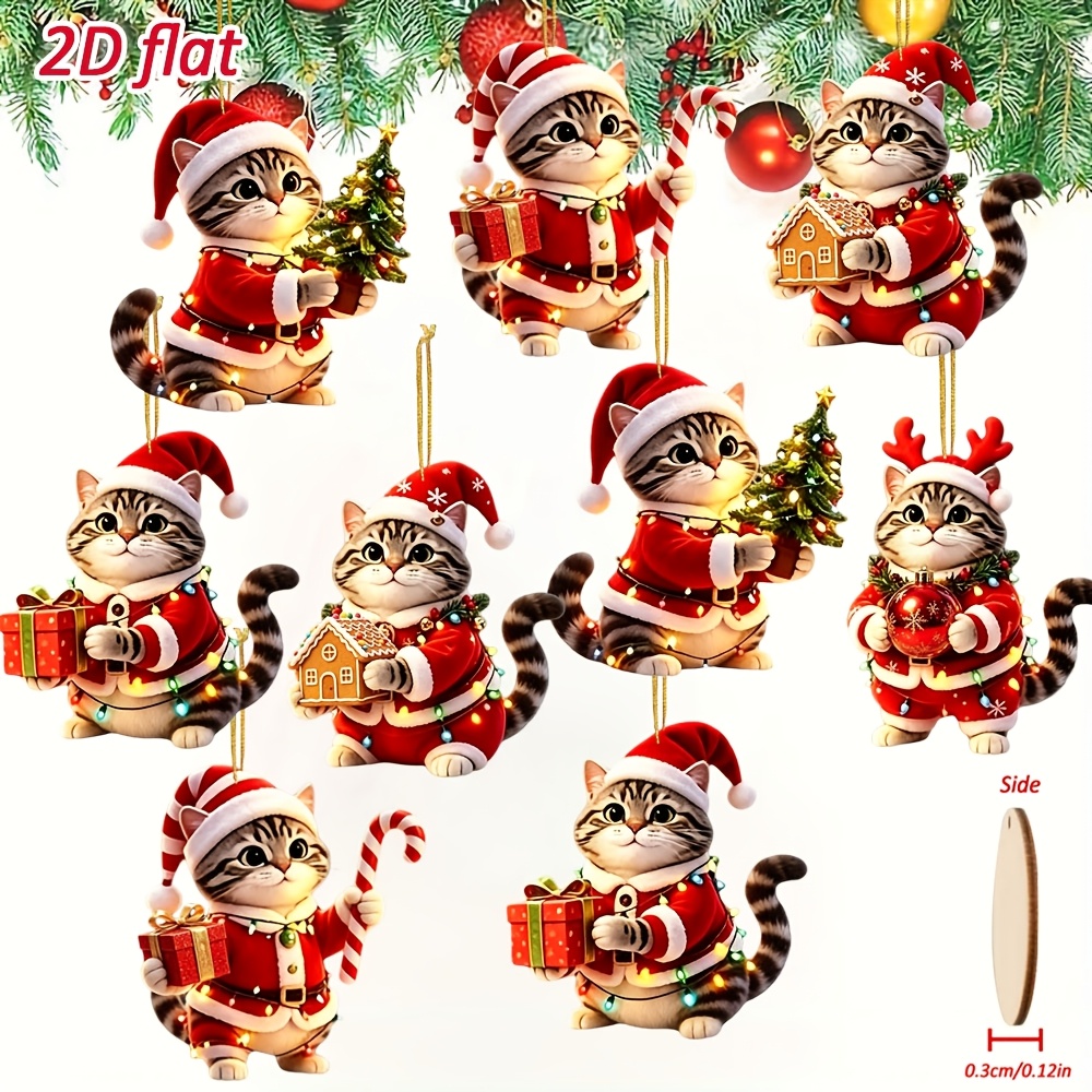 TEMU Piatto 2D, 9 pz Ornamenti da Appendere in Legno Gatto - Adatti per Decorazioni per Albero di Natale, a Tema Gatto per Capodanno, per Decorazioni