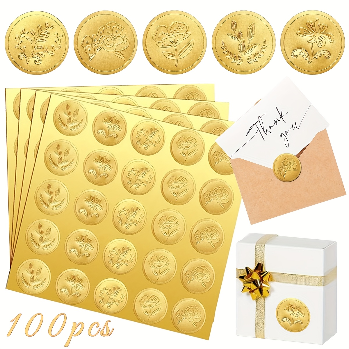 

100pcs Gold Envelope Seal Sticker Self Adhesive Gold Foil Stamps Stickers For Wedding Invitations Cards Bridal Birthday Party Plants Embossed Looking