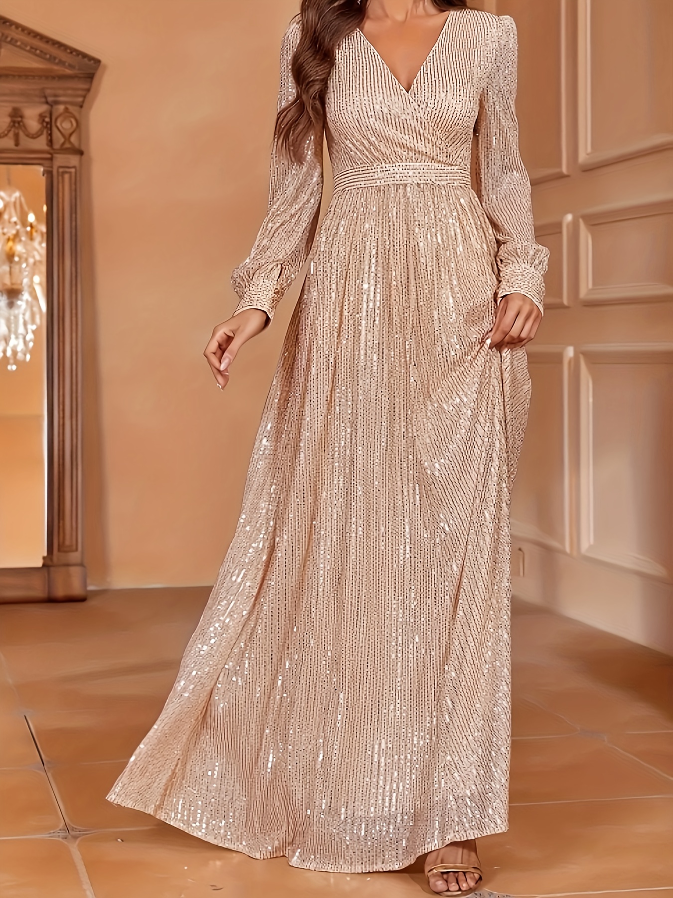 Women's Sequin Long Sleeve Mermaid Evening Gown High Waist V-Neck  Floor-Length Turkish Kaftan Dress with Flowy Train, Hand Washable Formal  Party Wed