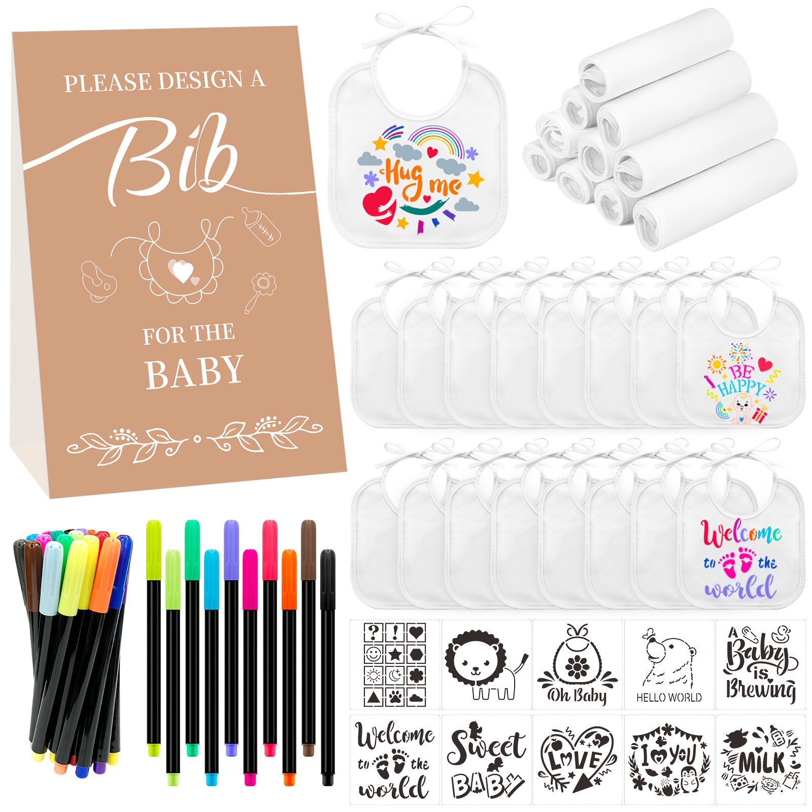 TEMU Shower Game Bib Decorating Blank Bibs 10 Stencils 10 Color Markers 1 Sign Interactive Party Craft Supplies For Guests Halloween, Christmas