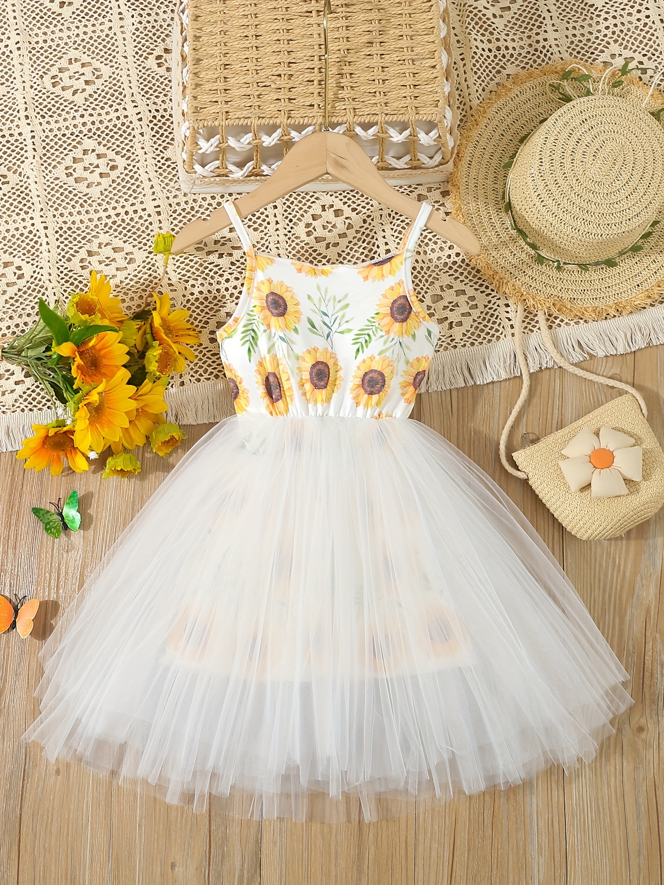 Girls Summer Sunflower Tulle Dress Cute Floral Print Mesh Tutu Skirt With Self tie Straps