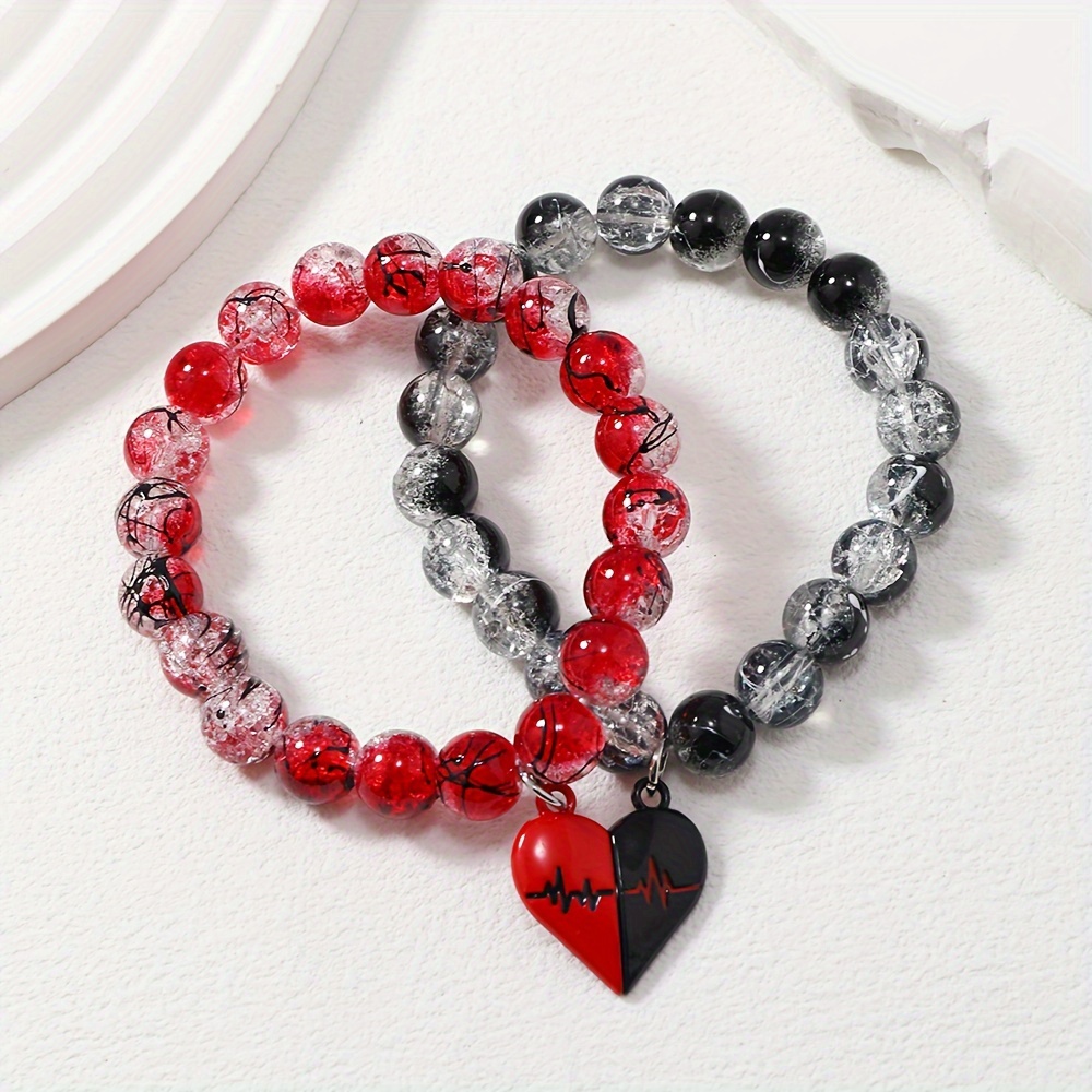 

Sansango Heart Pendant Couple Bracelets - Black & Beads, Magnetic , Perfect Valentine's Day Gift