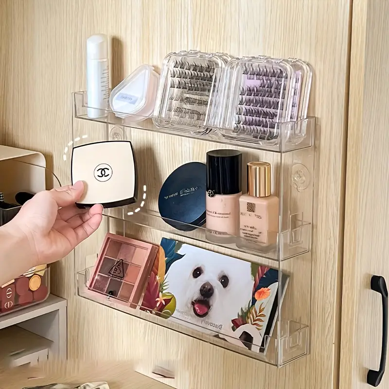 1 wall mounted makeup organizer shelf heavy duty adjustable vanity tray space saving bathroom storage rack with large capacity for makeup perfume lipsticks foundation no tools needed modern vanity decor for or bathroom counter durable plastic construction bathroom decor and accessories installation sturdy construction salon owners utility racks Product details 3