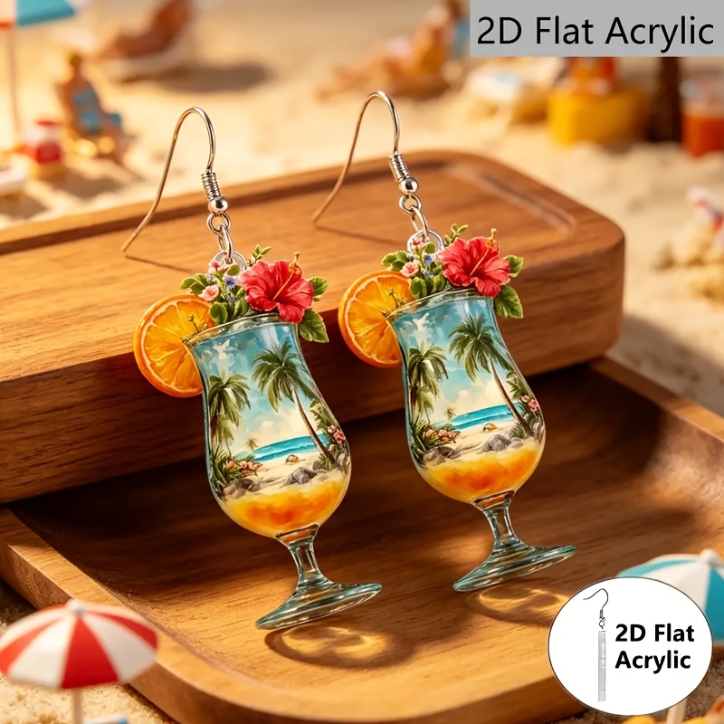 TEMU 2D Plat, Boheemse Y2K Retro Strand Oorbellen voor Dames - Palmboom & Cocktailglas Acryl Hangoorbellen Geschikt voor Bruiloften, Feesten,