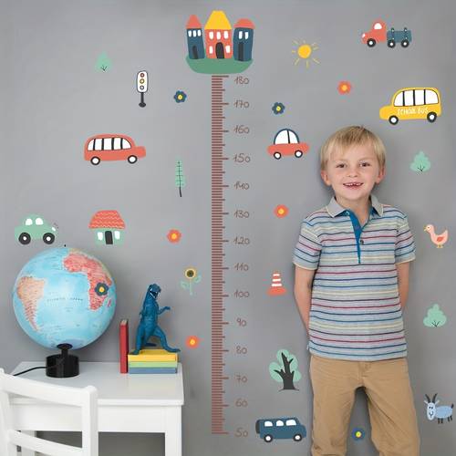 boys cartoon theme growth chart wall decals vinyl baby room decor with colorful vehicles designs stick height measurement tool for nursery wall boy room decor kids room accessory vibrant durable vinyl decal