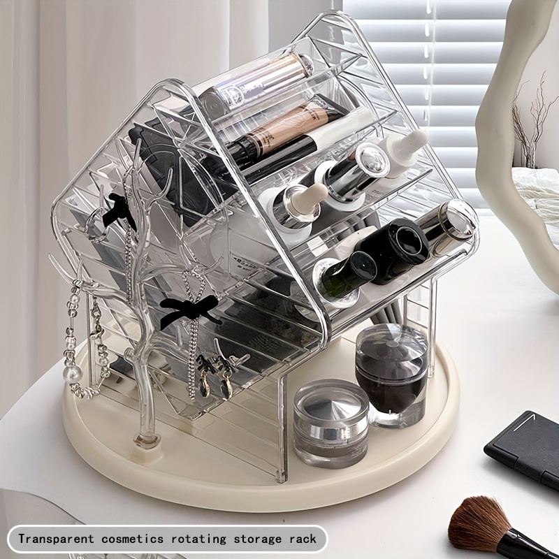   360 degree rotating makeup organizer with brush holder freestanding vanity cabinet heavy duty clear plastic construction space saving bathroom storage for makeup jewelry beauty products no assembly needed modern vanity organizer makeup vanity desk jewelry display   durable plastic Product details 5