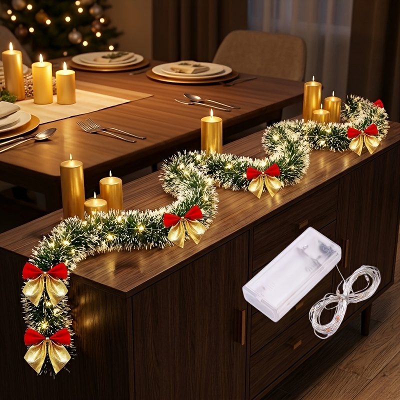 TEMU Ruban de Noël en fausse fourrure dentelée avec nœud rouge et doré de 200 cm / 78,7, facile à plier et à modeler, associé à une guirlande