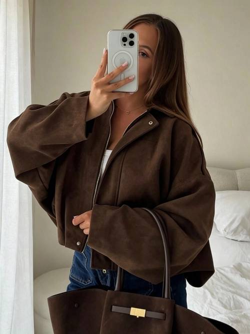 chaqueta holgada de caída para mujer, color , chaqueta de moda retro con y cremallera