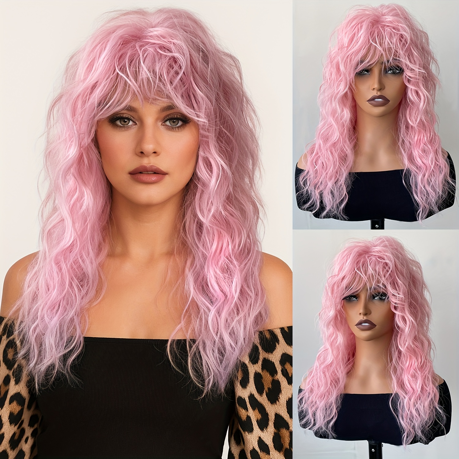 Pink wig  curly with bangs 18 inches long womens rose pink wig long curly wig bangs 18 inch curls  main image 2