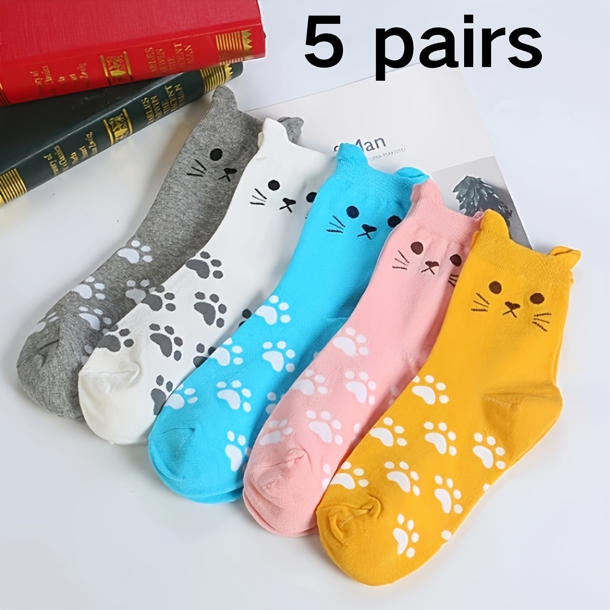 

5pcs Cute Cat & Paw Print Ankle Socks For Women And - Breathable, Comfortable Polyester , Machine Washable - Ideal For All , Perfect Indoor & Outdoor Gift, Cute Socks