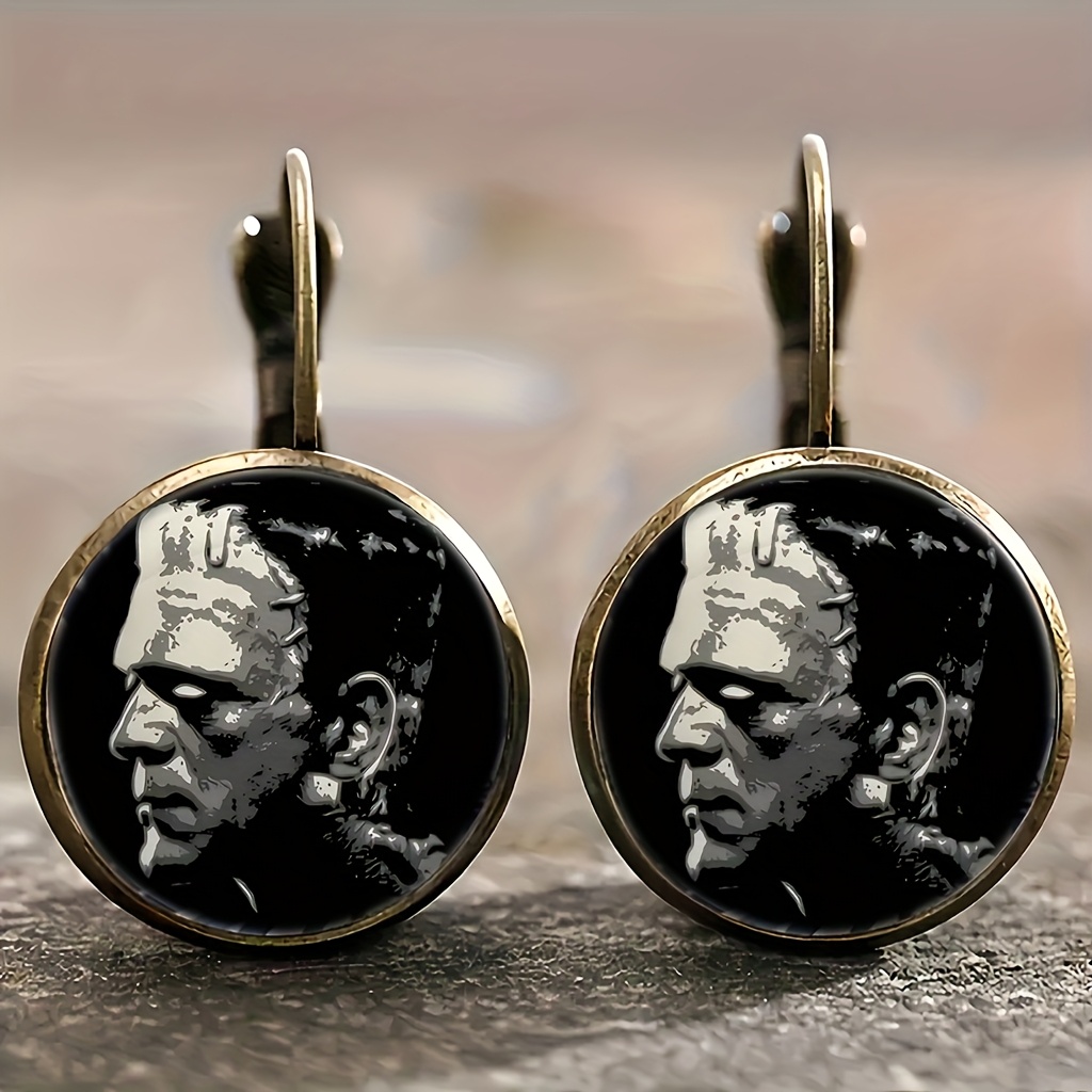 TEMU Gothic Frankenstein Earrings - Alloy Vintage Mary 's Iconic Character Jewelry, Black & White Retro Studs For &, Classic Horror Literature Gift, For Teenager
