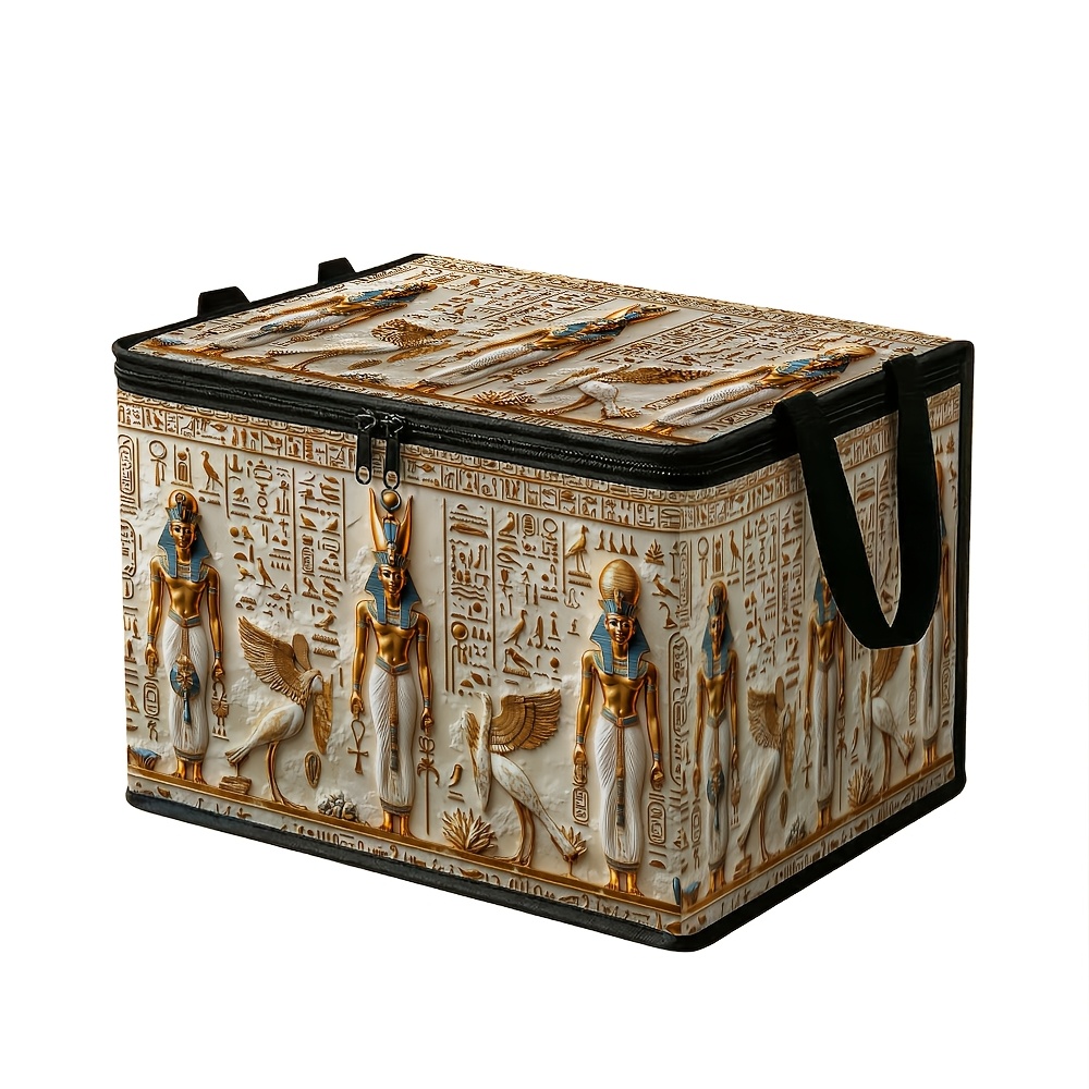 TEMU 1pc Storage Box With Hieroglyphic - Large Foldable Organizer Suitable For Clothes, Blankets, | Durable Polyester Fabric Chest, Zippered Lid,