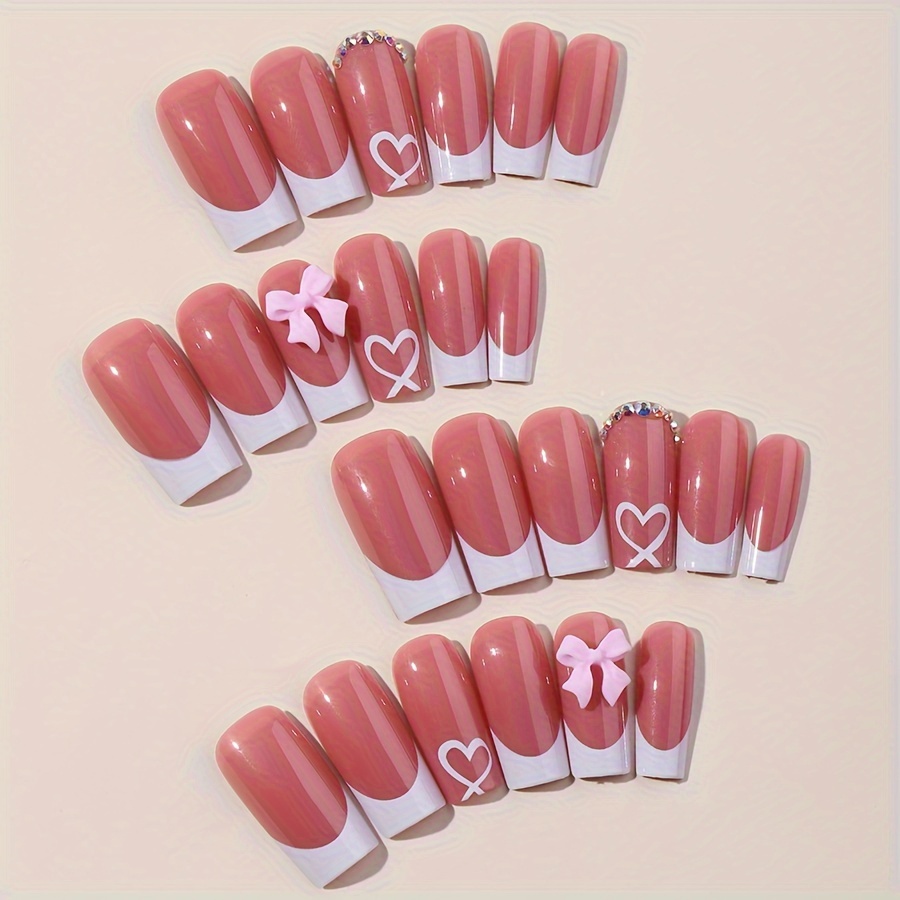 24pcs square press on nails with heart glossy red white french style nails for women medium length reusable artificial nails with tools parties weddings party accessories details 1
