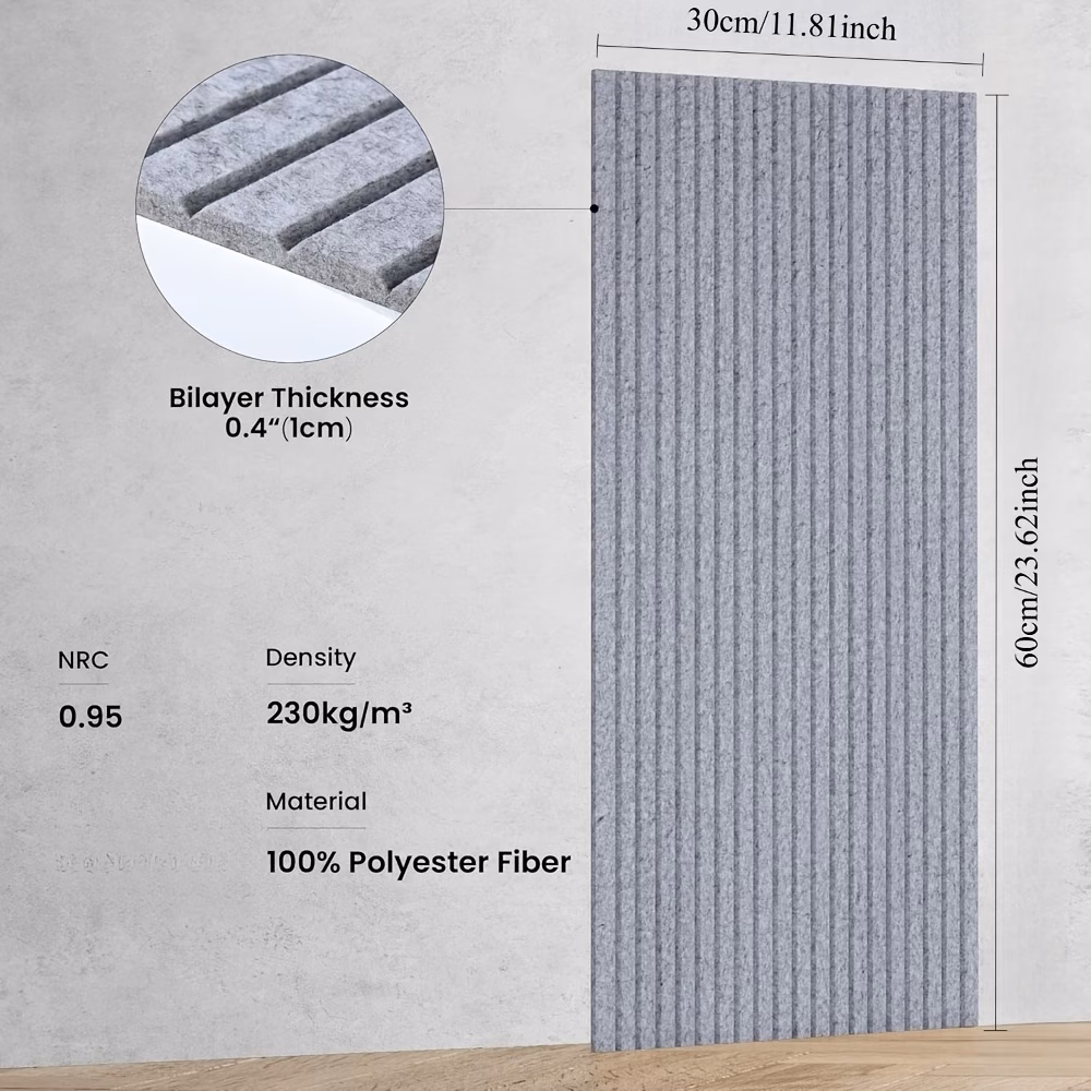 комплет од 12 големи акустични панели со димензии 23.6 x 11.8 x 0.4 инчи, дизајнирани за звучна изолација на ѕидови. висококвалитетни панели за намалување на шумот, погодни за медиумски соби, канцеларии и студија. Детали за производот 6