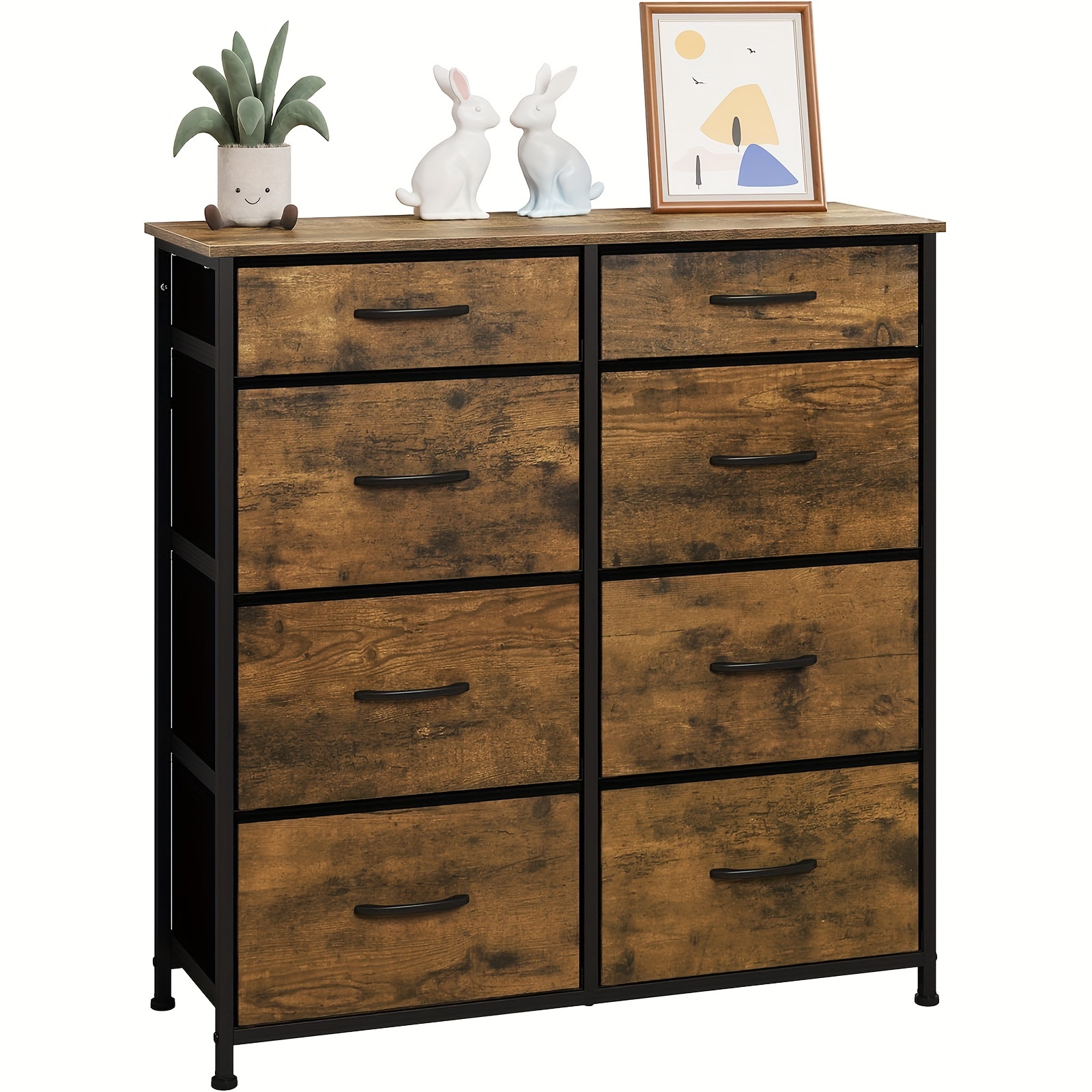 1pc Chest Of Drawers With 8 Fabric Drawers, Sideboard Drawer Cabinet, For Bedroom Living Room Hallway, Made Of Metal Frame Wood Material, Vintage Wood Look