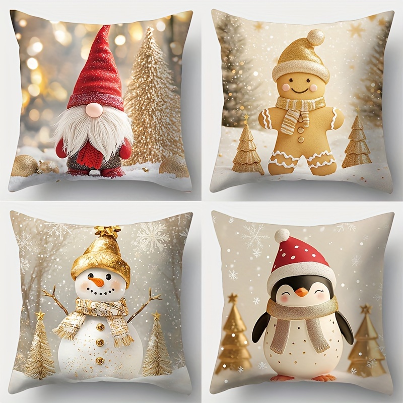 

4-pack Contemporary Style Throw Cushion Covers With Christmas Prints, Machine Washable, Zippered Polyester Cases For Various Room Decor - Festive Snowman, Gingerbread, Gnome & (inserts Not Included)