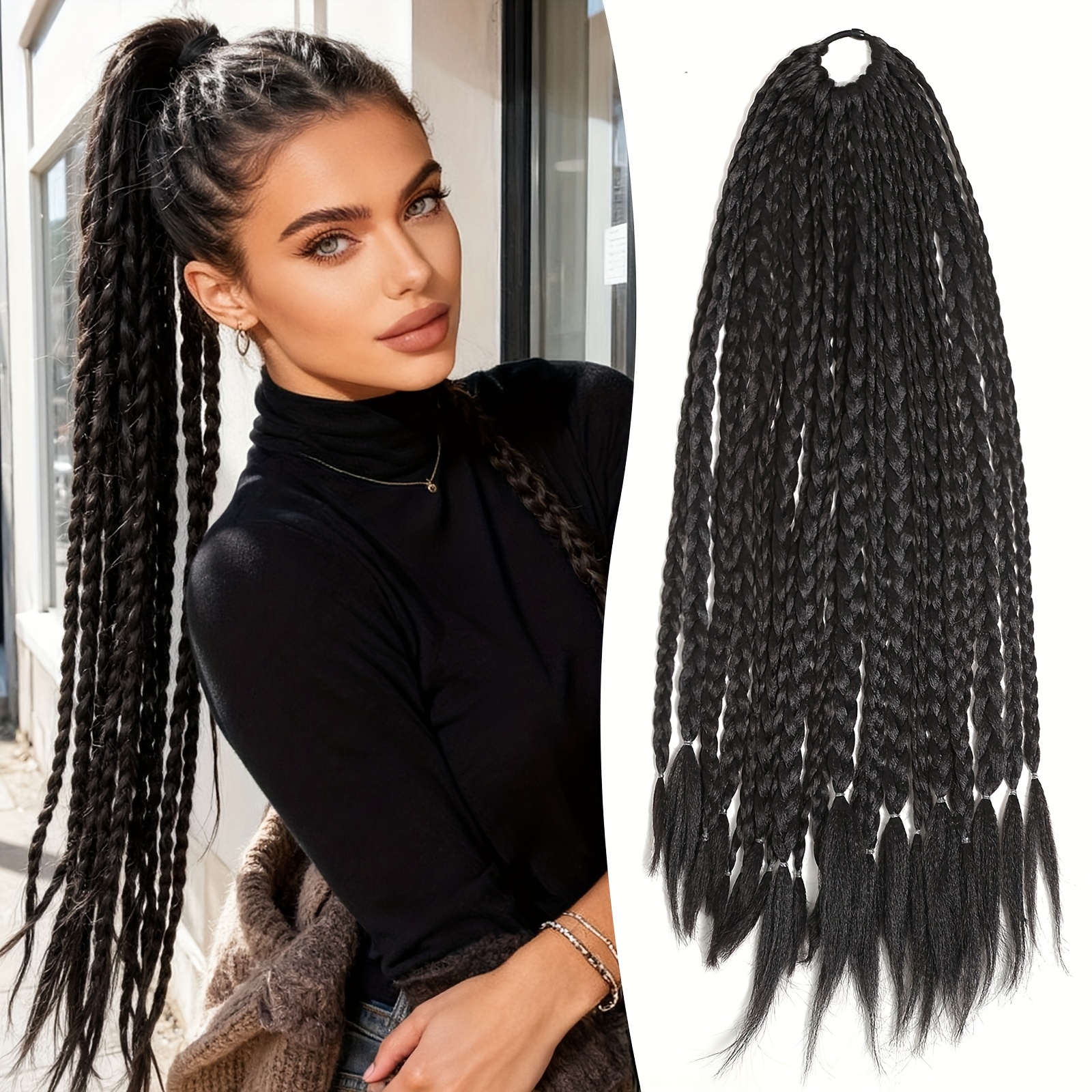 TEMU Peluca de coleta dreadlock de múltiples trenzas de 24 pulgadas con trenzas rosas y azules - de cabello liso, fibra resistente al , no necesita ,