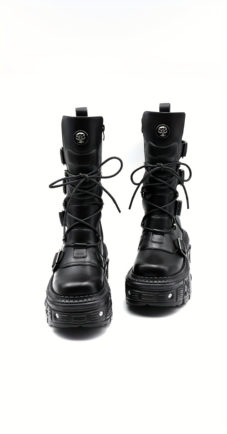 Mid Calf Zip Up Boots Cosplay Y2K Style Round Toe Flat Heel Unisex Women main image 4