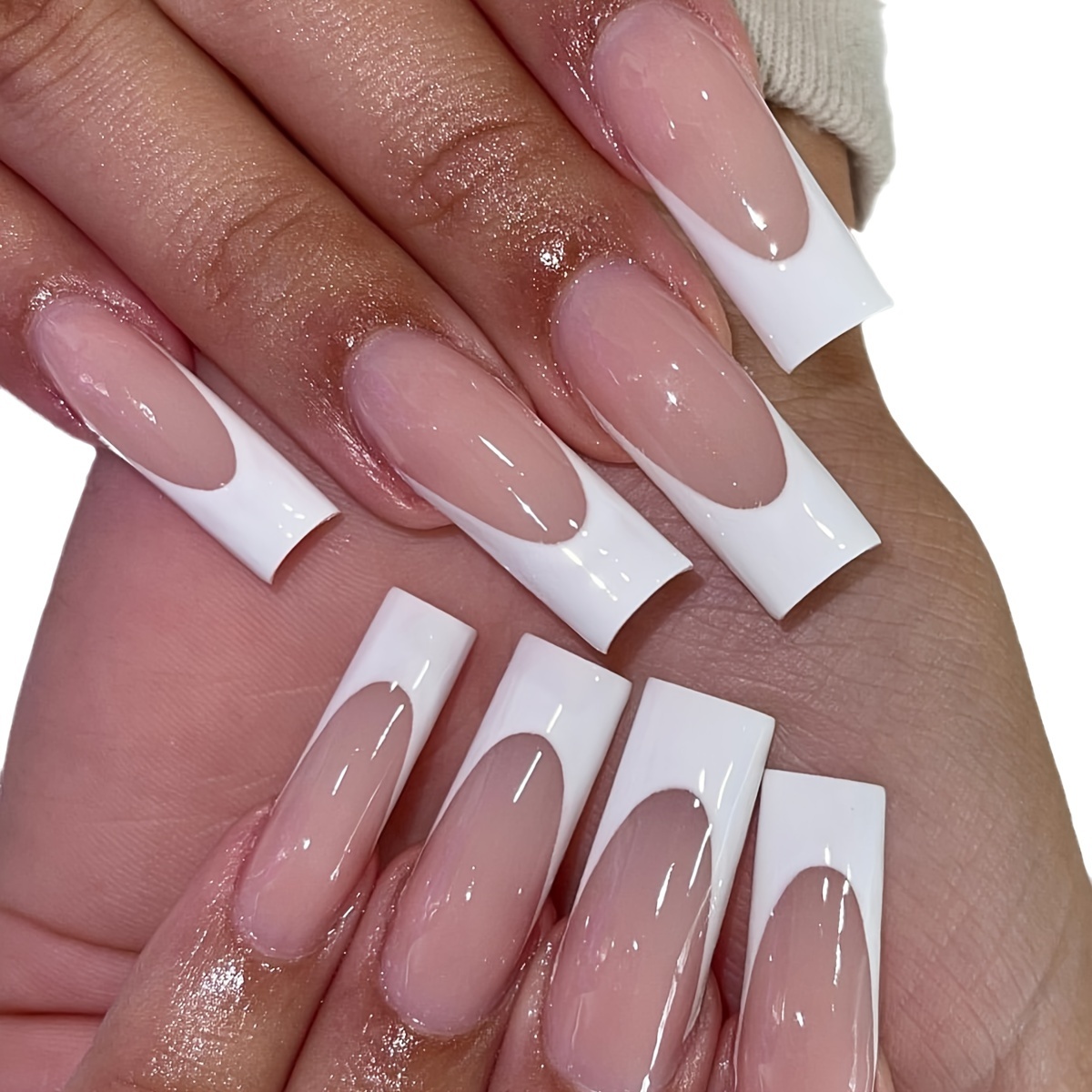 24 Glossy White Nail Stickers - Full Cover Long False Nails For Women And - And Remove