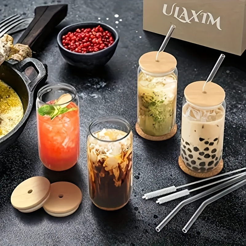 Juego de 4 piezas (Vaso + Pajita + Tapa + Cepillo para pajitas) Vaso para Café Helado, Cerveza y Té 350ml 450ml 550ml Vidrio Perborosilicato con Tapa y Pajilla para Jugo. Vasos Creativos, Vasos de Leche con Tapa de Madera Material Escolar