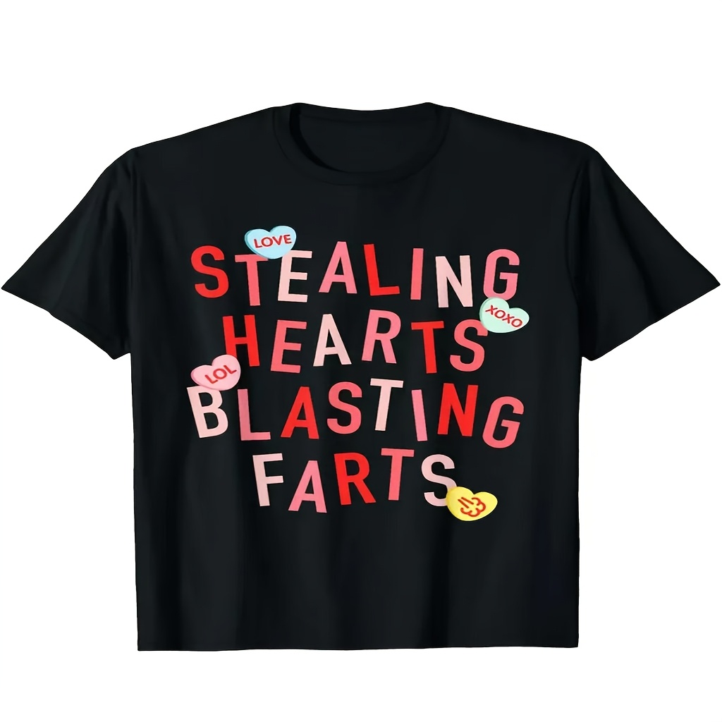 

' "stealing Hearts & Blasting " Valentine's Day T-shirt - Fun Cotton Tee With Lettering, , Short Sleeve, Round Neck, Spring/summer Wear