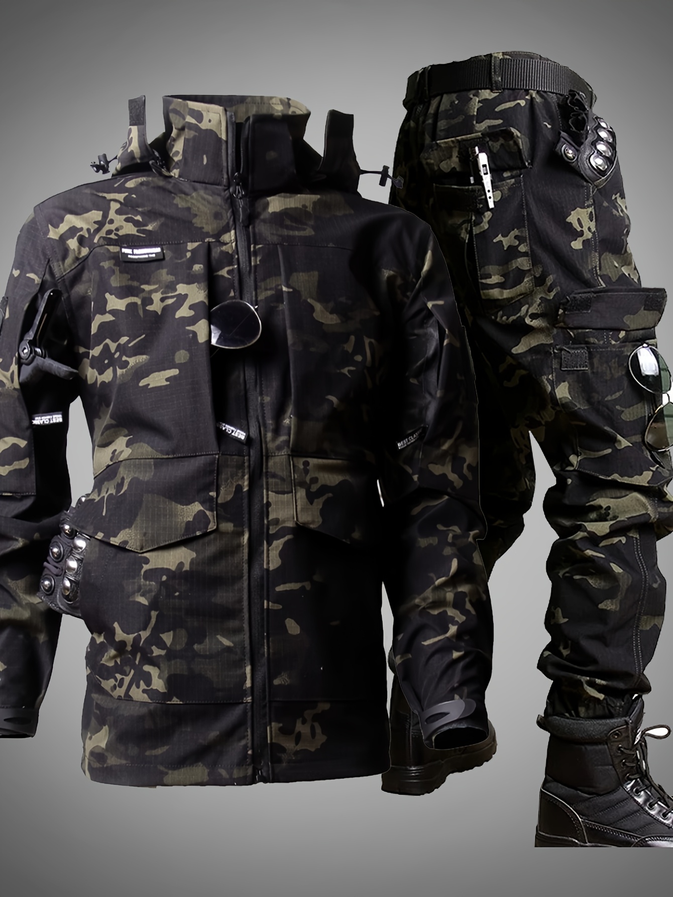 mens outdoor camouflage jacket and pants set long trousers cargo pants for men suitable for spring and autumn features multiple pockets zipper and mesh fabric ideal for fishing and hiking