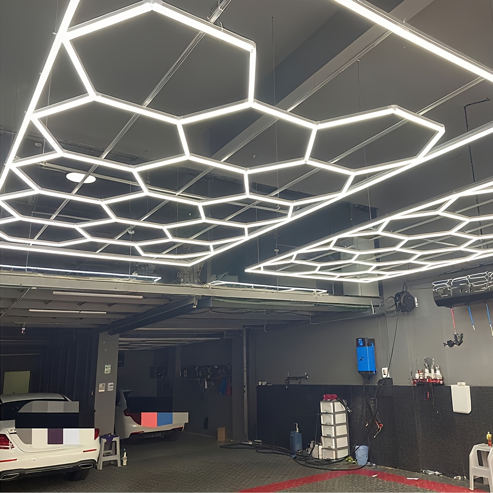 hexagon garage lights with rectangle frame high brightness 672w 86400lm 6500  hex grid for   basement car detailing shop etc with mounting clip