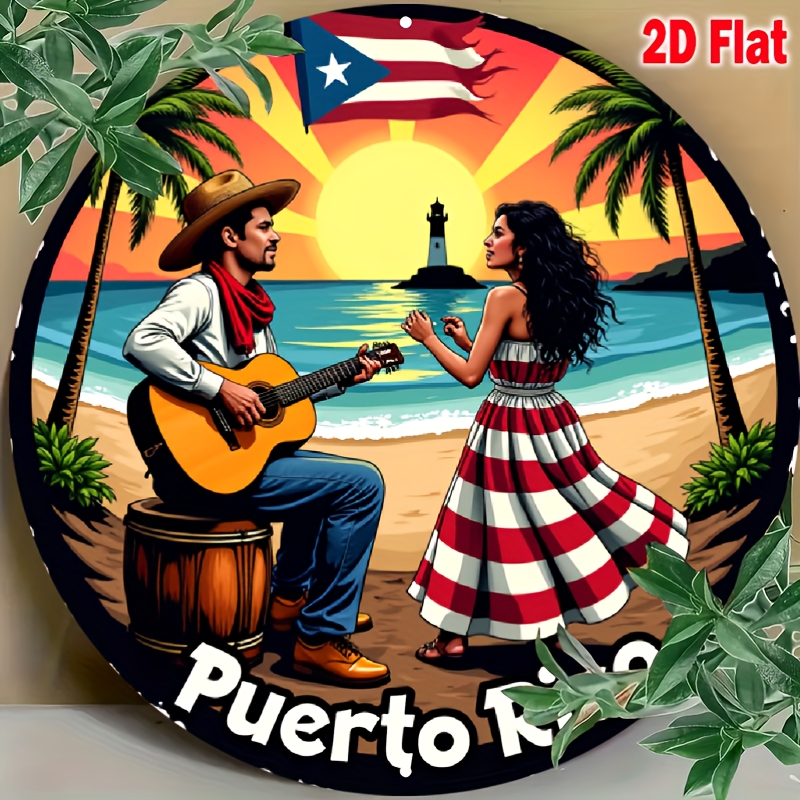 TEMU 2d Flat, 7.8 Inch Round Aluminum Wall Art Sign - Puerto Rican Music & Dance Theme With Guitarist, Dancer, Palm Trees & Puerto Flag - Vibrant