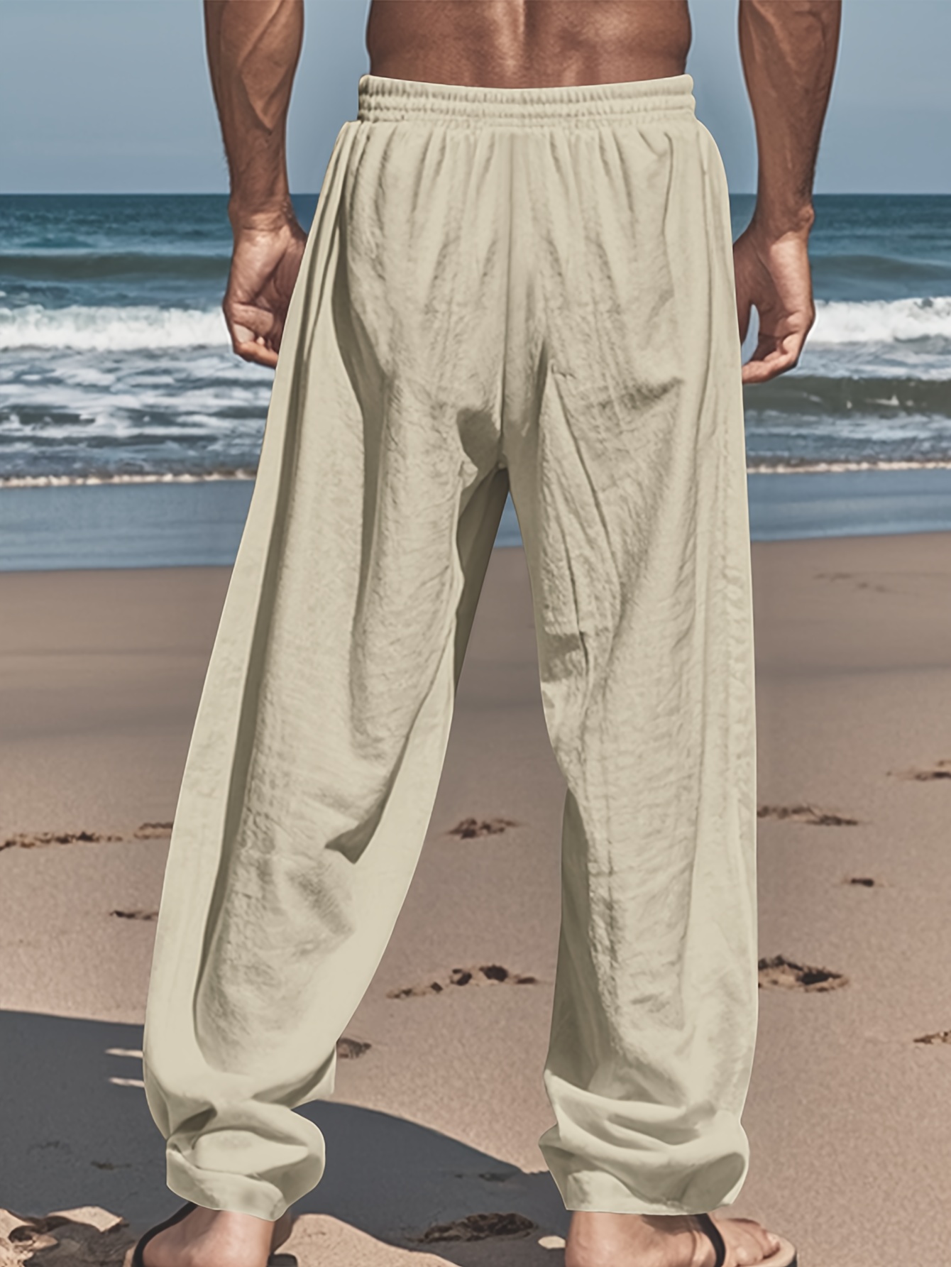 Men's Linen Pants - Non-Stretch Formal Pants, Elastic Drawstring Waist, Loose Fit Trousers for Beach, Office, Parties - Machine Washable Casual Formal Attire for s &