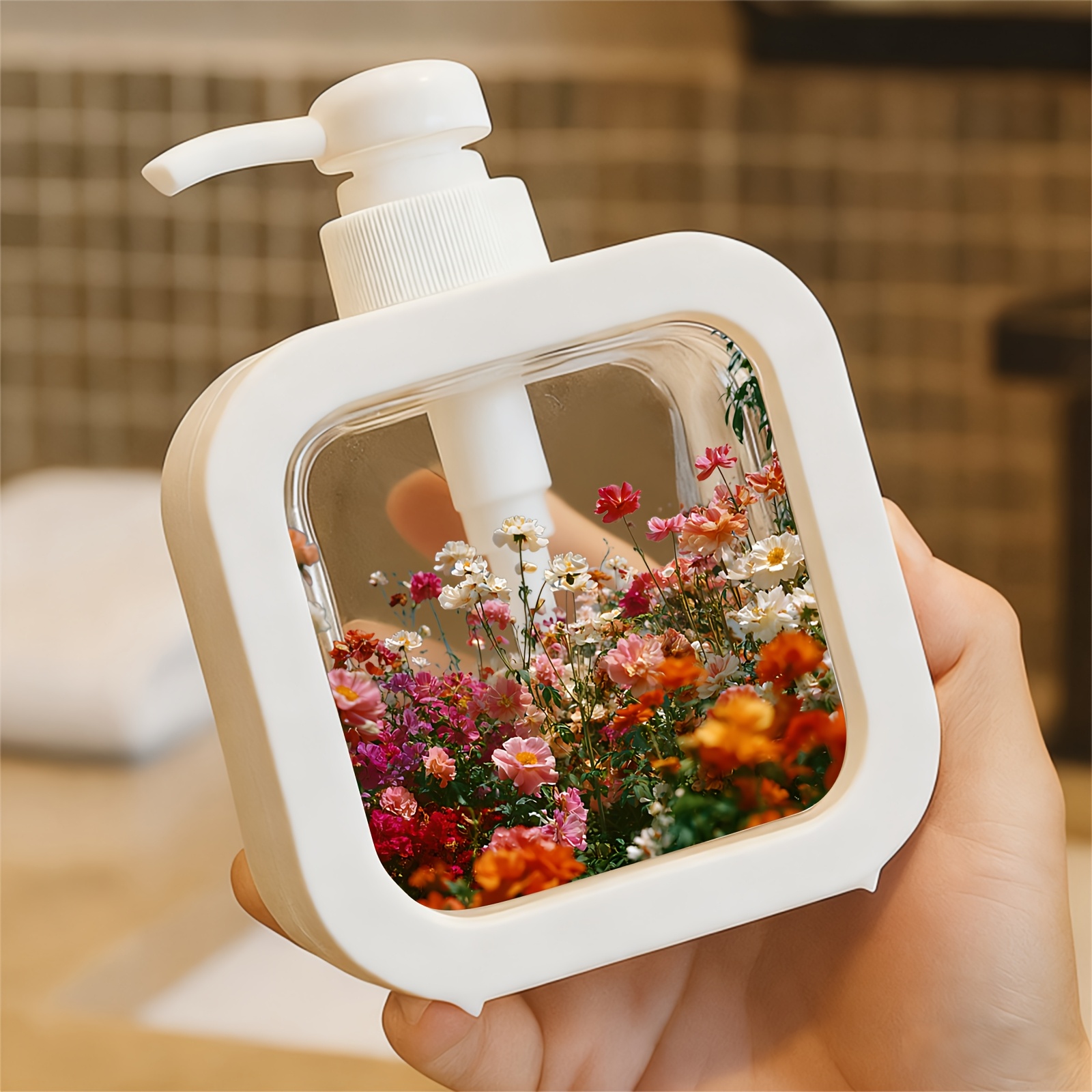 TEMU Soap Dispenser Measuring 17.2 X 7.66 Inches (11.4 X 4.33 Inches) X 5cm (1.97 Inches) In Size, Featuring A Vibrant Flower Under A . This And