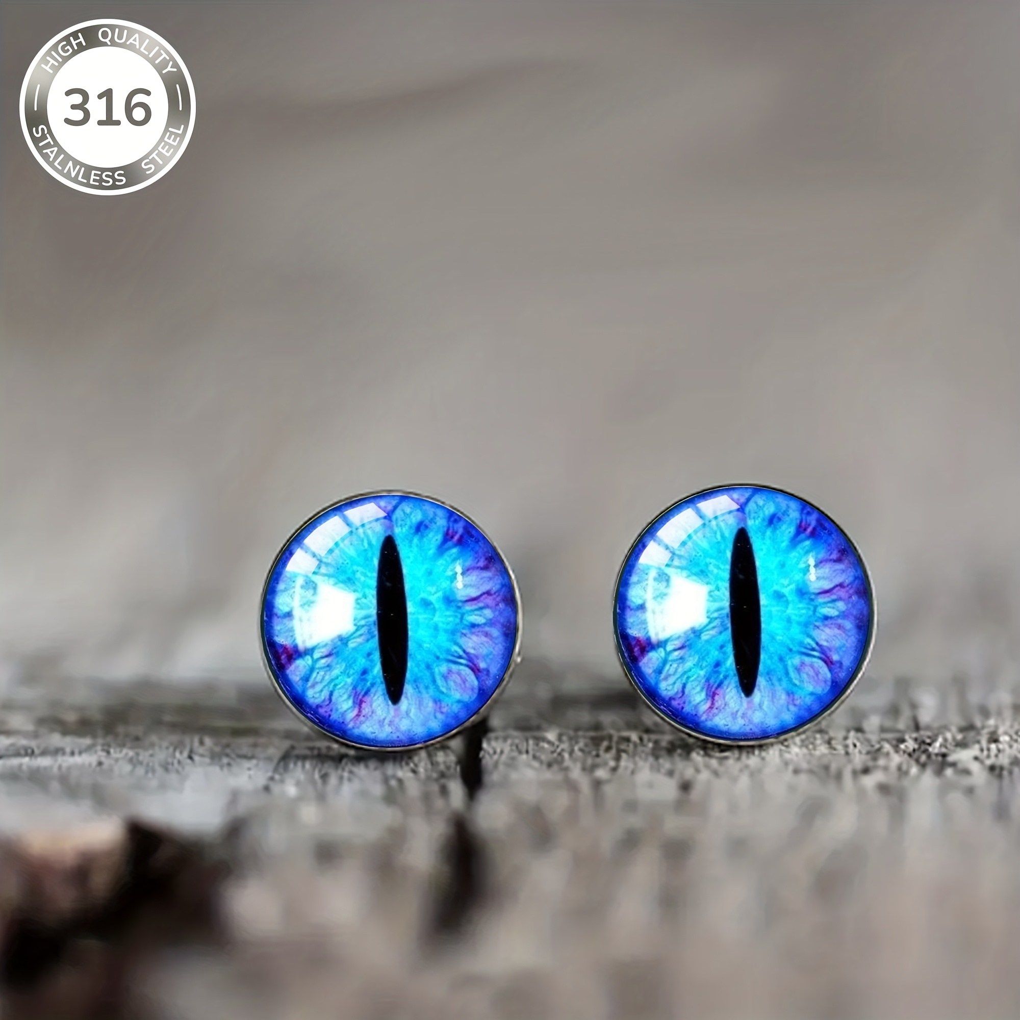 1 Pair Blue Cat Eye Pattern Steel Stud Earrings, Unique Jewelry For Men And Women, Daily Wear And Party Ear Accessories