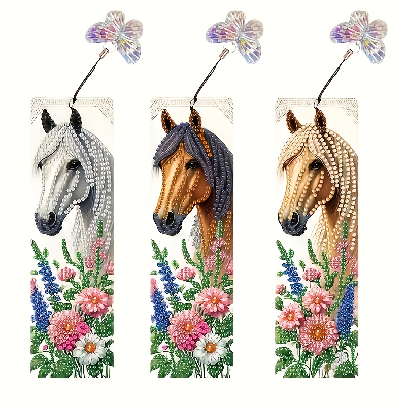 TEMU 3pcs Diy Diamond Painting Bookmark Set - Handmade Irregular Crystal Horse And Floral Pattern Pendant Design, And Decorative Craft Kit, Bookmark