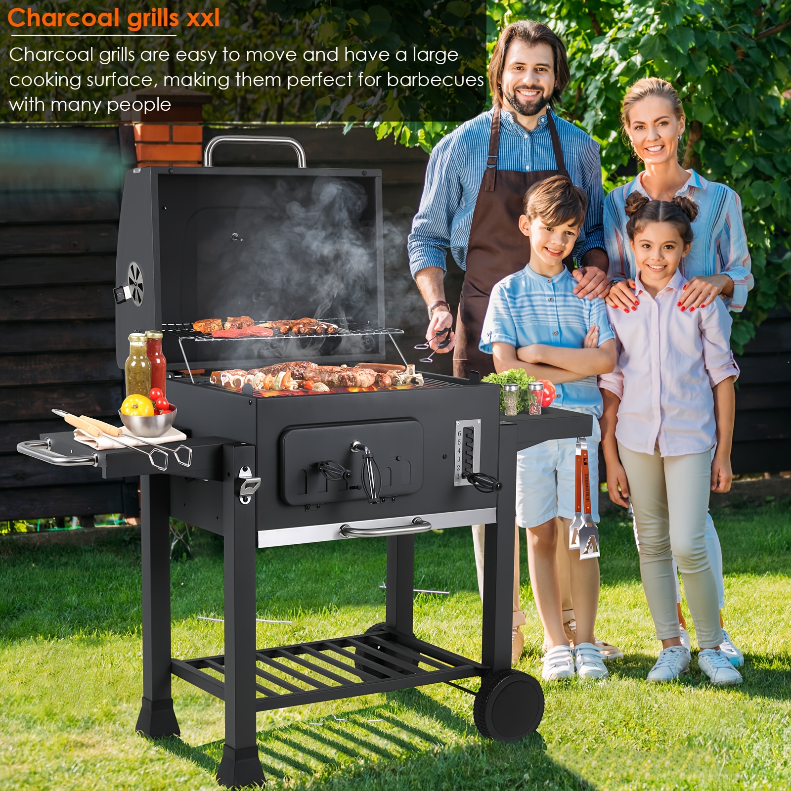 Barbecue à Charbon Relaxdays Sur Chariot – Rond, Avec Roulettes, Noir