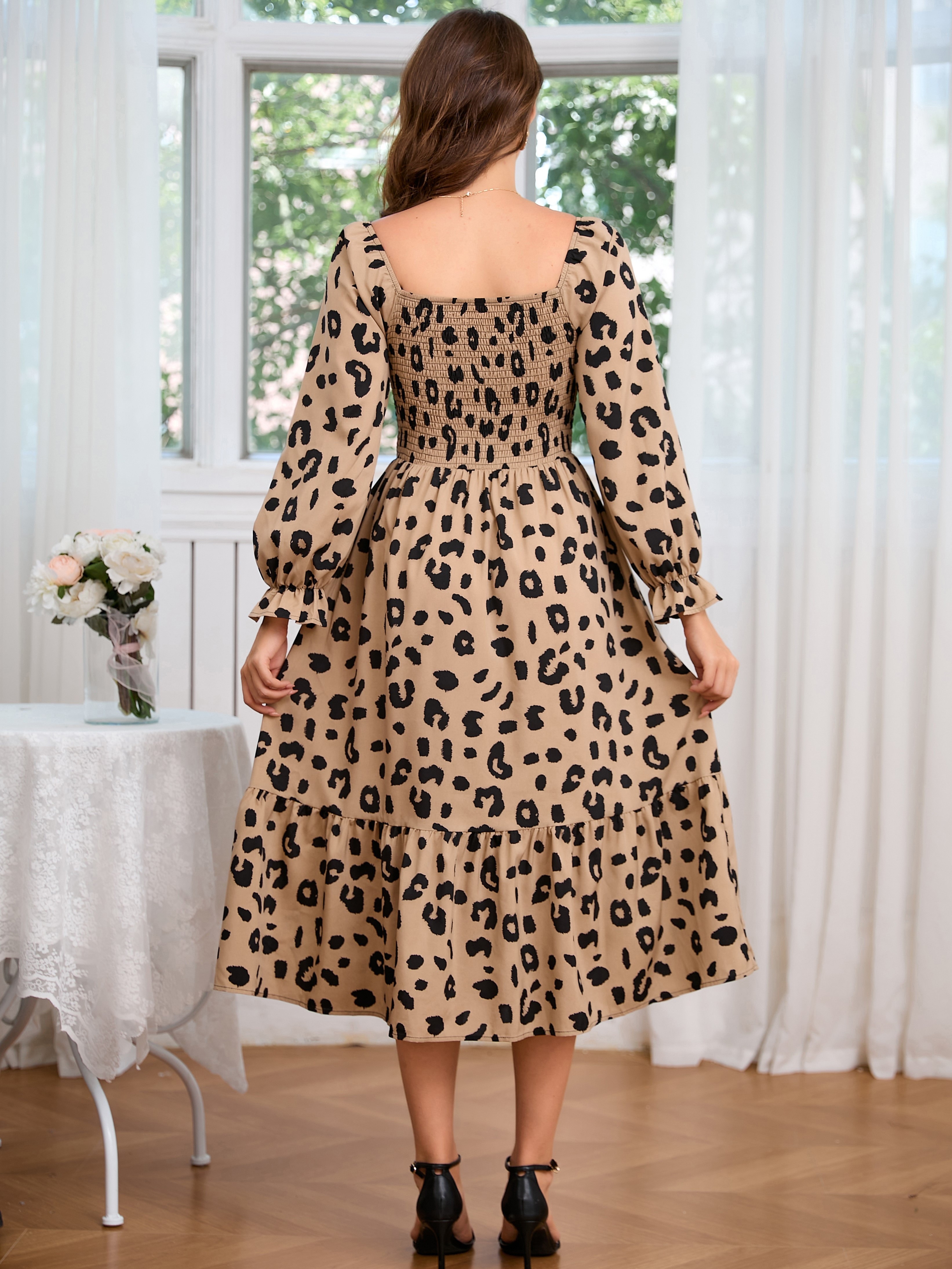 leopard print shirred dress elegant square neck layered Temu - Main Image