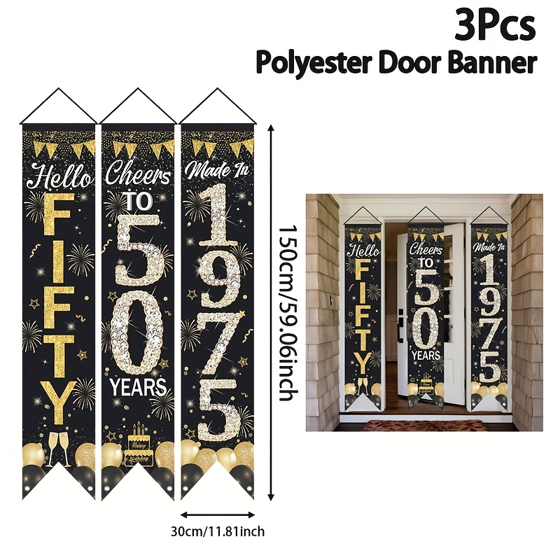 3pcs, 50th Birthday Door Couplets Set, Polyester 3pcs Black & Golden Hello Fifty 50th Birthday Door Couplets Entrance Hanging Banner Flag Set, Perfect 50th Birthday Door Decorations